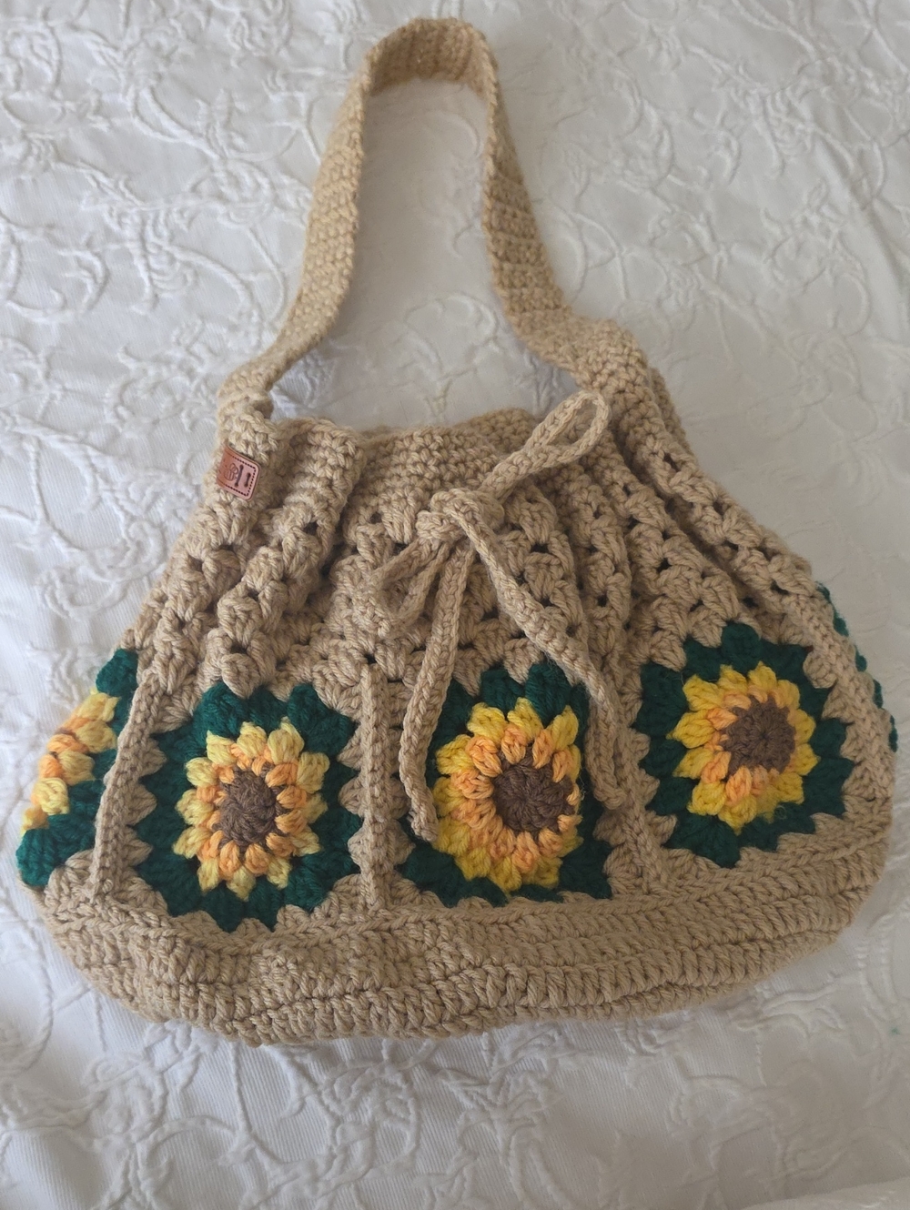 Handmade Beige Crochet Sunflower Shoulder Bag
